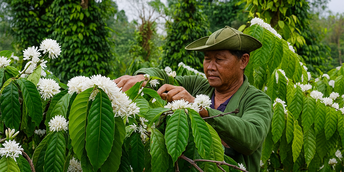 Bông cà phê rất xanh tốt khi được chăm sóc đúng cách